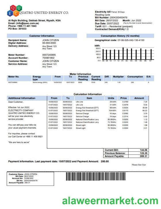 Saudi Quatro United Energy Co. utility bill, Word and PDF template